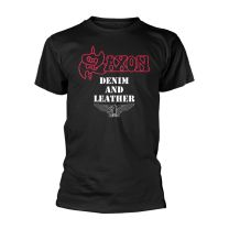 Saxon T Shirt Denim and Leather Band Logo New Official Mens Black - Small